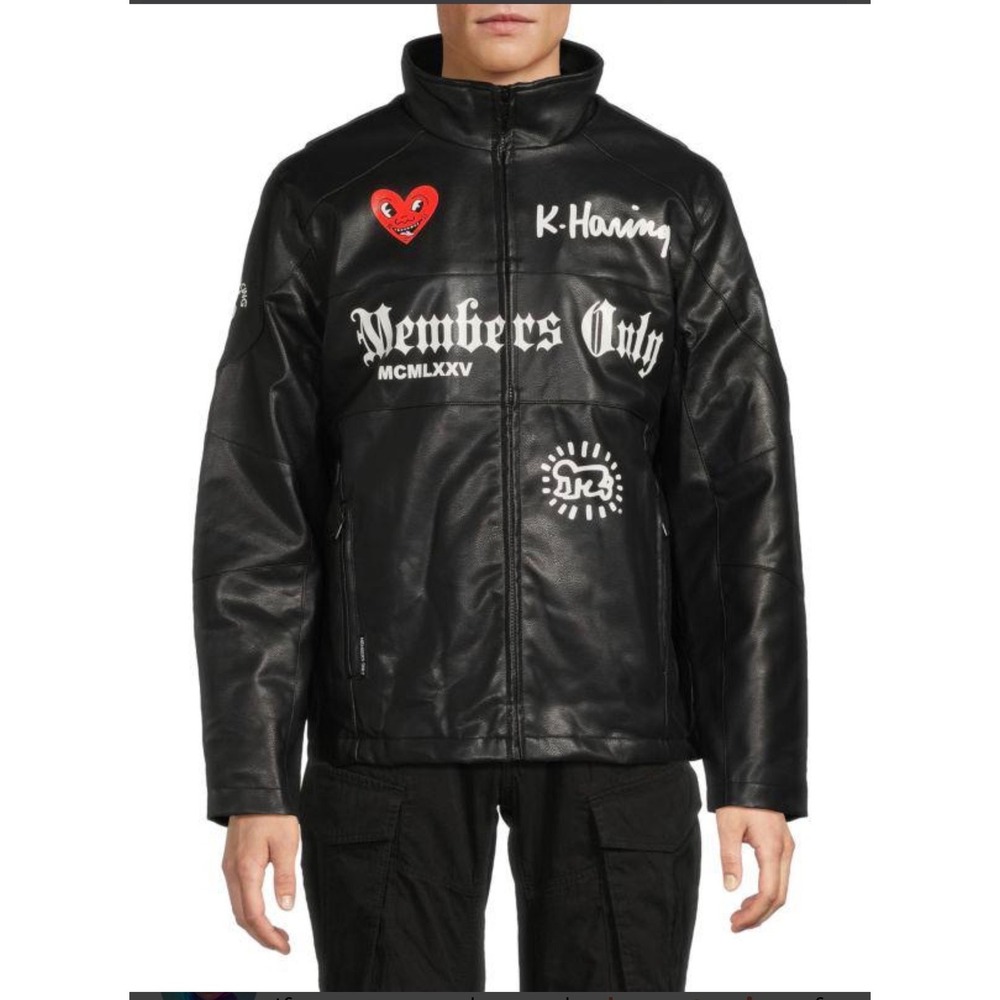 Members Only x Keith Haring Faux Leather Jacket Black Pop Art Graphic Mens XL